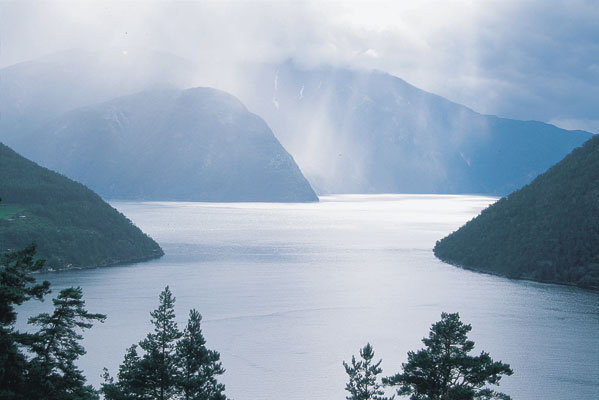 Sogndal Sognefjord mountains nature scenery clouds light rain view of the fjord, Norwegen